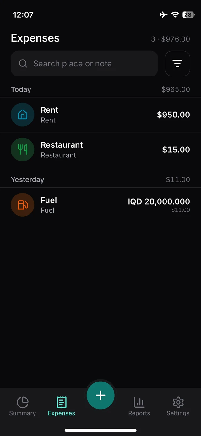 Tick's Expenses list with a search field for place or note, grouped by day: Rent $950.00 and Restaurant $15.00 today, and yesterday a Fuel expense of IQD 20,000.000 with its $11.00 equivalent beneath it.