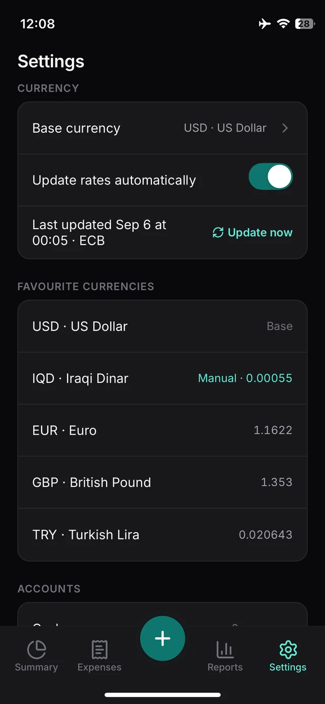 Tick's currency settings: base currency USD, automatic rate updates switched on, rates last updated from the ECB, and favourite currencies with their rates, with the Iraqi dinar marked Manual at 0.00055.