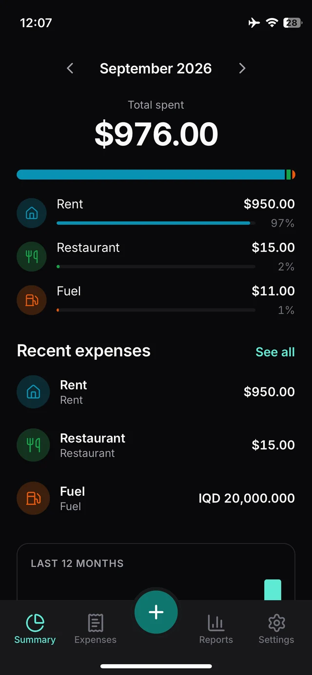 Tick's Summary tab for September 2026: $976.00 spent in total, split into Rent $950.00 (97%), Restaurant $15.00 (2%) and Fuel $11.00 (1%), above the most recent expenses.